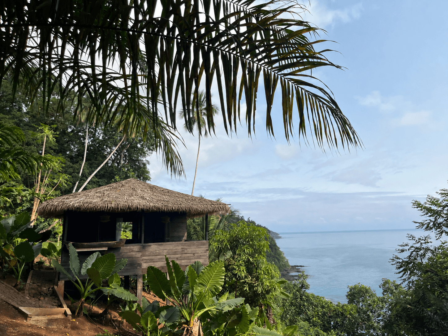 A cabana de telhado de colmo sobre estacas numa encosta verde, emoldurada por uma folha de palmeira, com o oceano e a costa ao fundo.